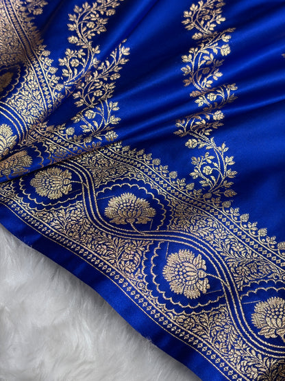 Royal Blue Floral Cross Pattern Satin Katan Silk Saree SK74