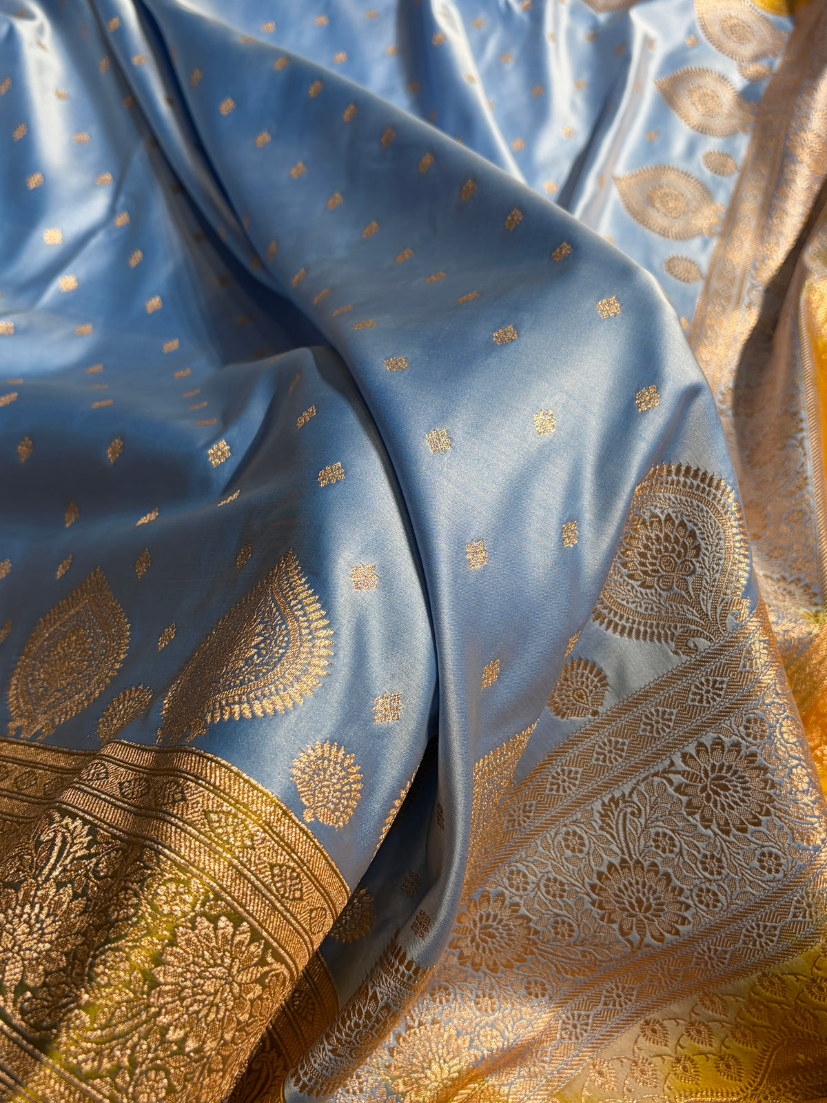 Sky Blue with Mustard Booti Satin Katan Silk saree SK29