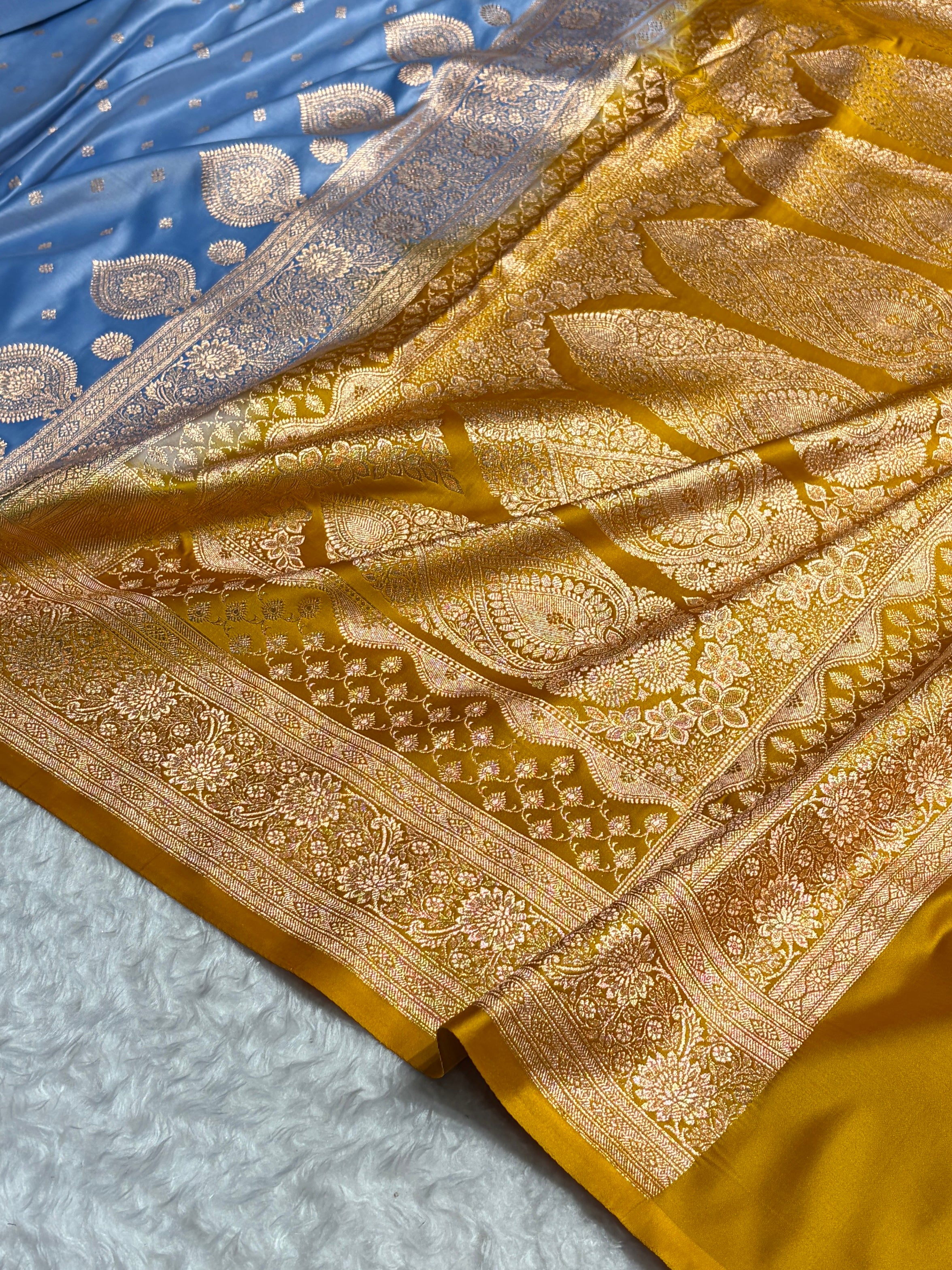Sky Blue with Mustard Booti Satin Katan Silk saree SK29