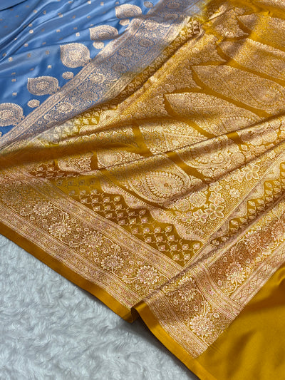 Sky Blue with Mustard Booti Satin Katan Silk saree SK29