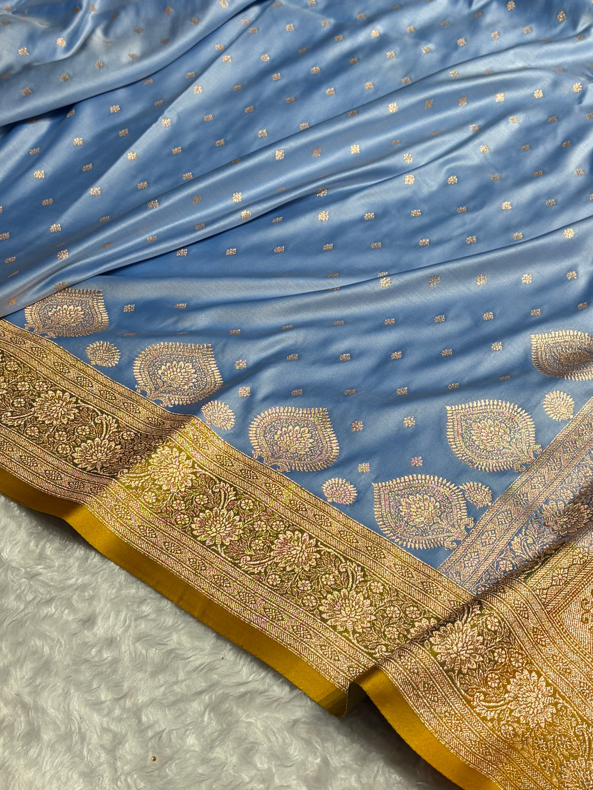 Sky Blue with Mustard Booti Satin Katan Silk saree SK29
