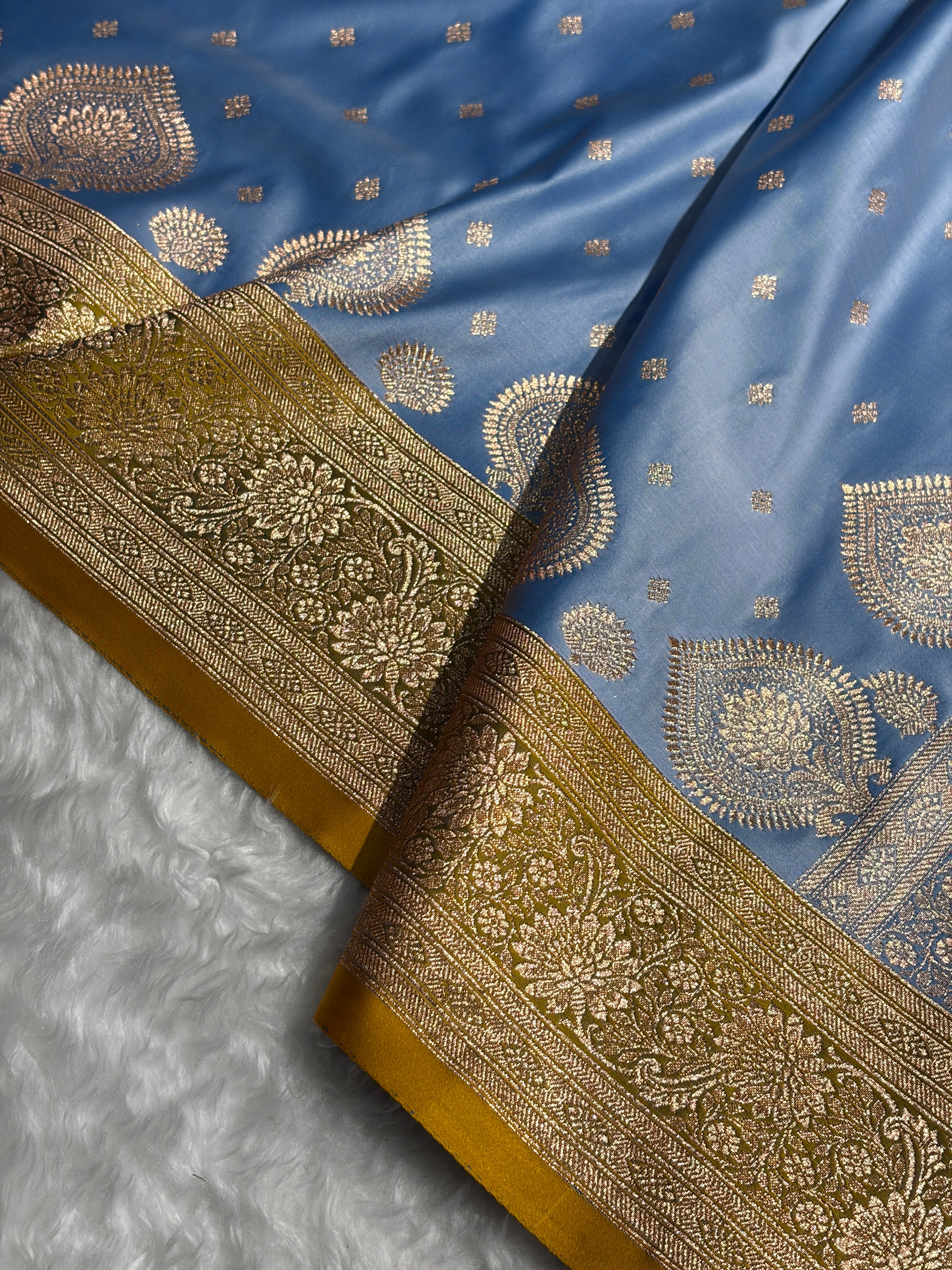 Sky Blue with Mustard Booti Satin Katan Silk saree SK29