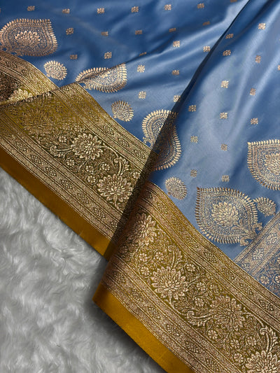 Sky Blue with Mustard Booti Satin Katan Silk saree SK29