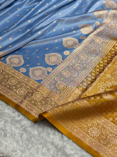 Sky Blue with Mustard Booti Satin Katan Silk saree SK29