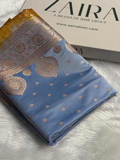Sky Blue with Mustard Booti Satin Katan Silk saree SK29