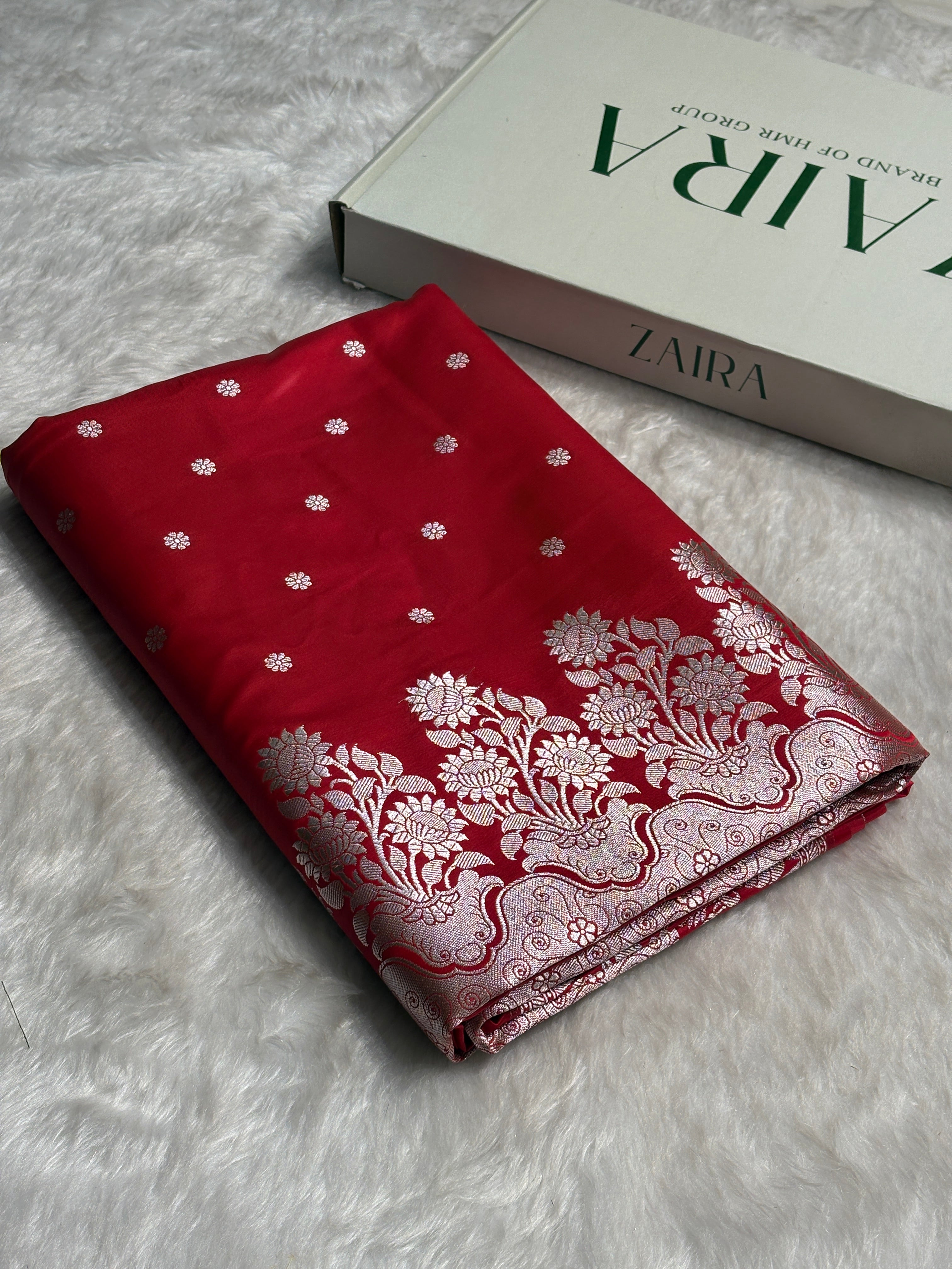 Royal Red Floral Boota With Floral Border Mashru Silk Saree MSM 79