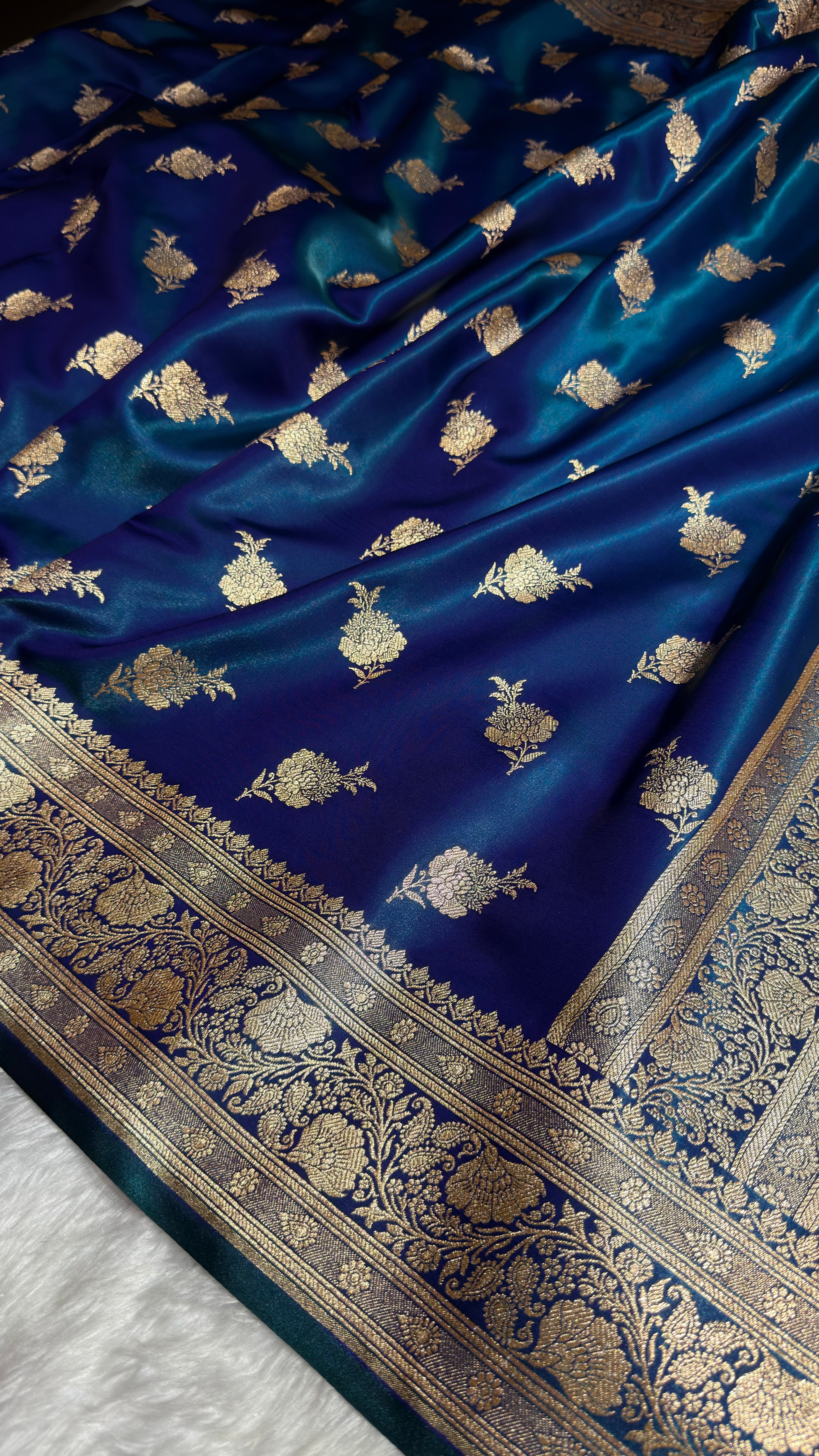 Satin Silk Saree Floral Boota in Peacock Shades In Nine Yards SSNY26