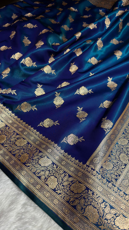 Satin Silk Saree Floral Boota in Peacock Shades In Nine Yards SSNY26