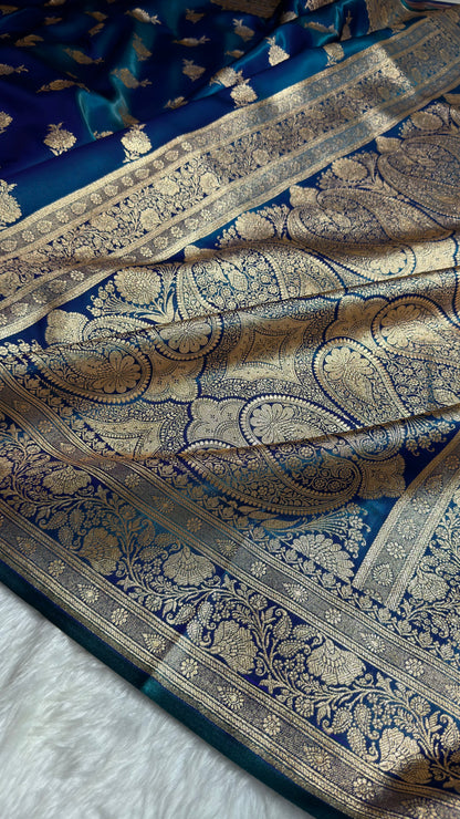 Satin Silk Saree Floral Boota in Peacock Shades In Nine Yards SSNY26