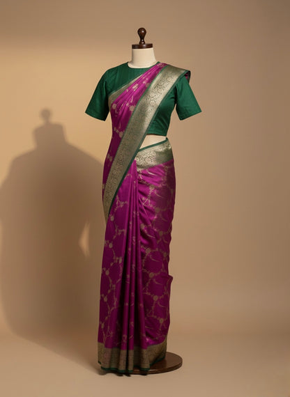 Banarasi Satin Katan Saree With Boota in Contrast Wine With Green Shades SK115