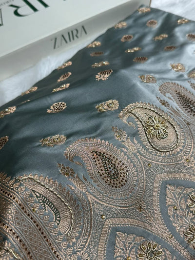 Gray Shades Booti Katan Silk Saree with Stone & Zardozi Work BSK12
