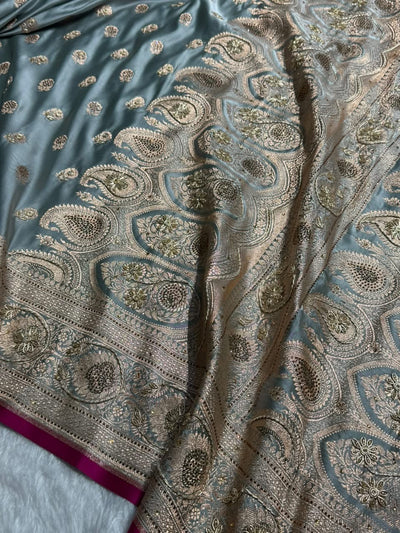 Gray Shades Booti Katan Silk Saree with Stone & Zardozi Work BSK12