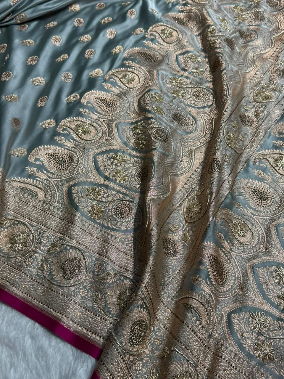 Gray Shades Booti Katan Silk Saree with Stone & Zardozi Work BSK12