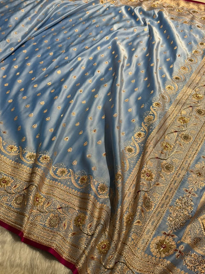 Banarasi Satin Katan Silk Saree With Ari Zardozi And Swarovski Work In Nile Blue Shades BSK08