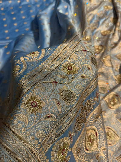 Banarasi Satin Katan Silk Saree With Ari Zardozi And Swarovski Work In Nile Blue Shades BSK08