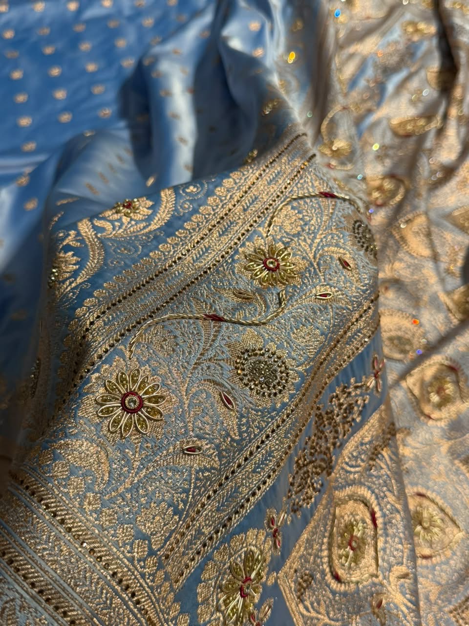 Banarasi Satin Katan Silk Saree With Ari Zardozi And Swarovski Work In Nile Blue Shades BSK08