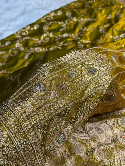 Mehndi Green Floral Jaal Pattern With Ari Zardozi And Swarovski  Work Satin Katan Silk saree BSKM40
