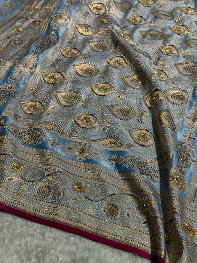 Banarasi Satin Katan Silk Saree With Ari Zardozi And Swarovski Work In Nile Blue Shades BSK08