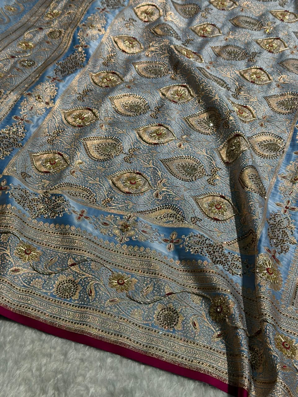 Banarasi Satin Katan Silk Saree With Ari Zardozi And Swarovski Work In Nile Blue Shades BSK08