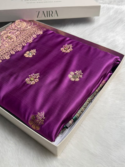 Dark lavender - Sea Green Banarasi Boota With Zardozi Work Katan Silk Saree BSKM29