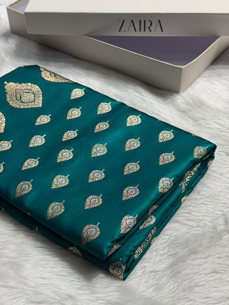 Banarasi Rama Green Shades Minakari Booti Pattern Banarasi Satin Silk Saree SS60