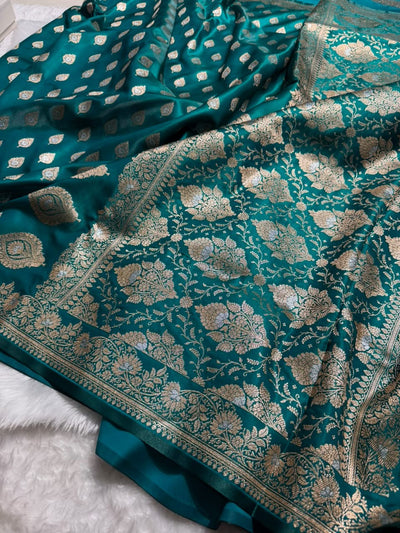 Banarasi Rama Green Shades Minakari Booti Pattern Banarasi Satin Silk Saree SS60