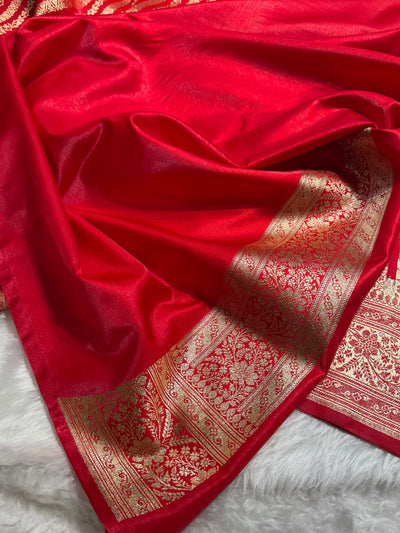 Red Shades Stripe Pattern Banarasi Satin Silk Saree SS46