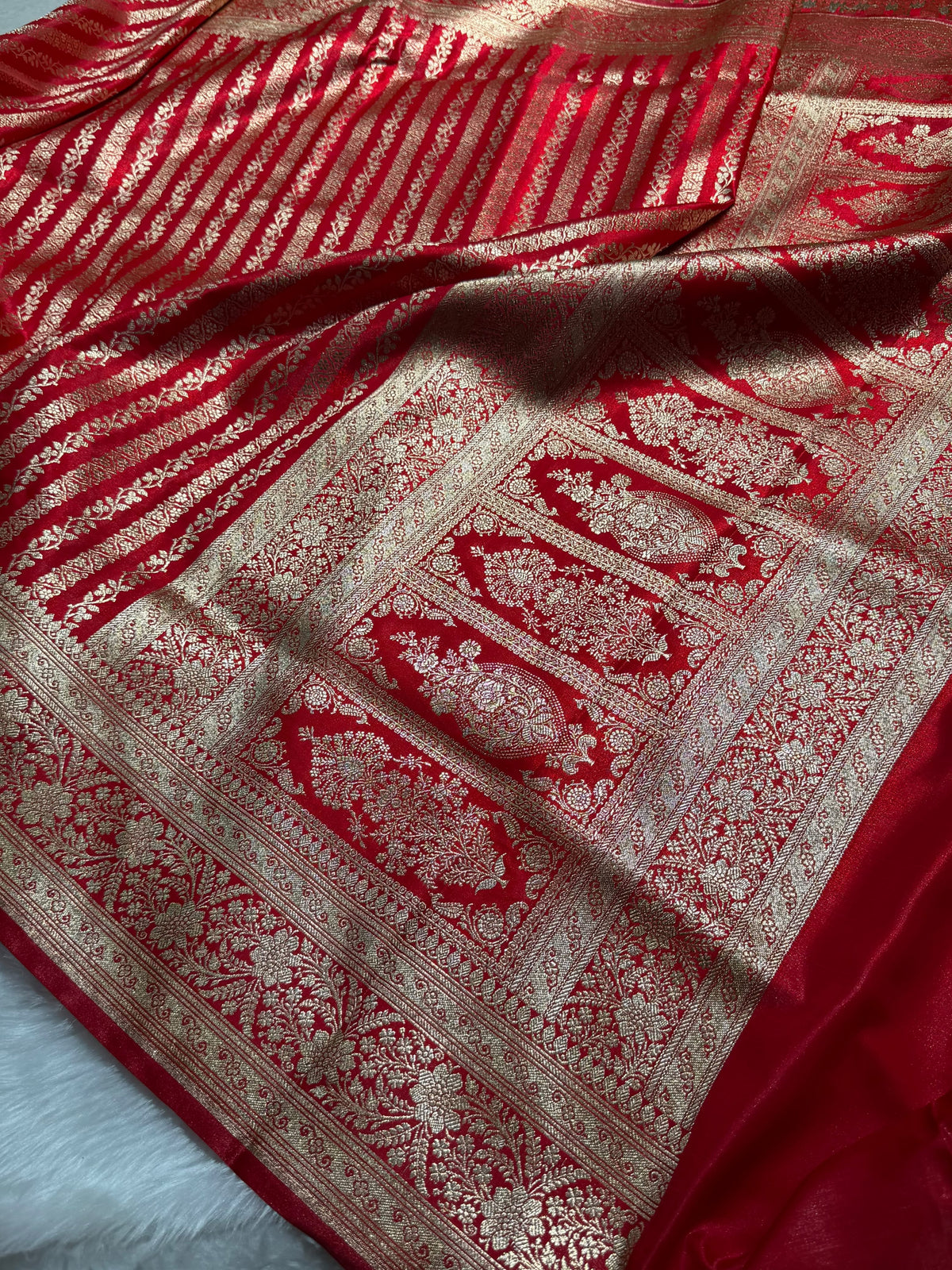 Red Shades Stripe Pattern Banarasi Satin Silk Saree SS46