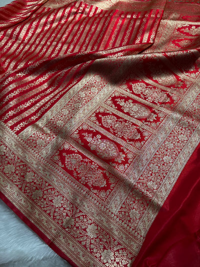 Red Shades Stripe Pattern Banarasi Satin Silk Saree SS46