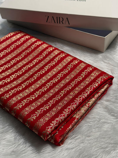 Red Shades Stripe Pattern Banarasi Satin Silk Saree SS46