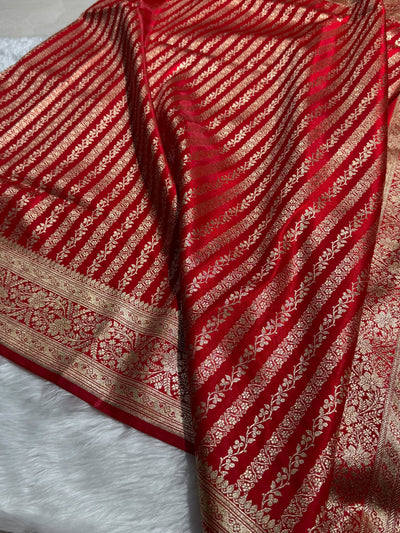 Red Shades Stripe Pattern Banarasi Satin Silk Saree SS46