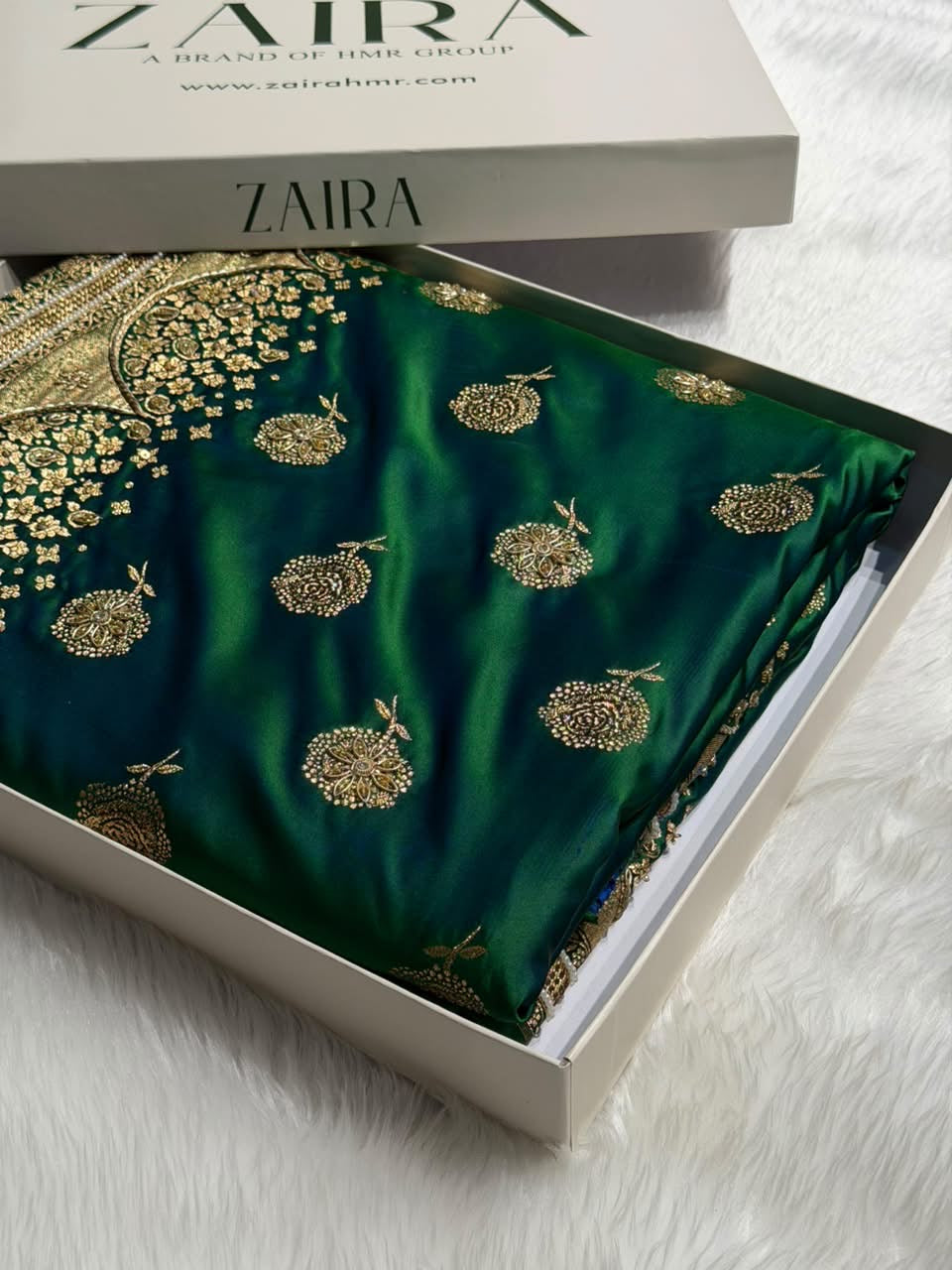 Banarasi Satin Katan Saree With Ari & Zardozi Work Boota in Bottle Green Shades BSK111