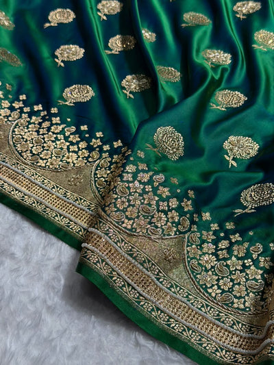 Banarasi Satin Katan Saree With Ari & Zardozi Work Boota in Bottle Green Shades BSK111