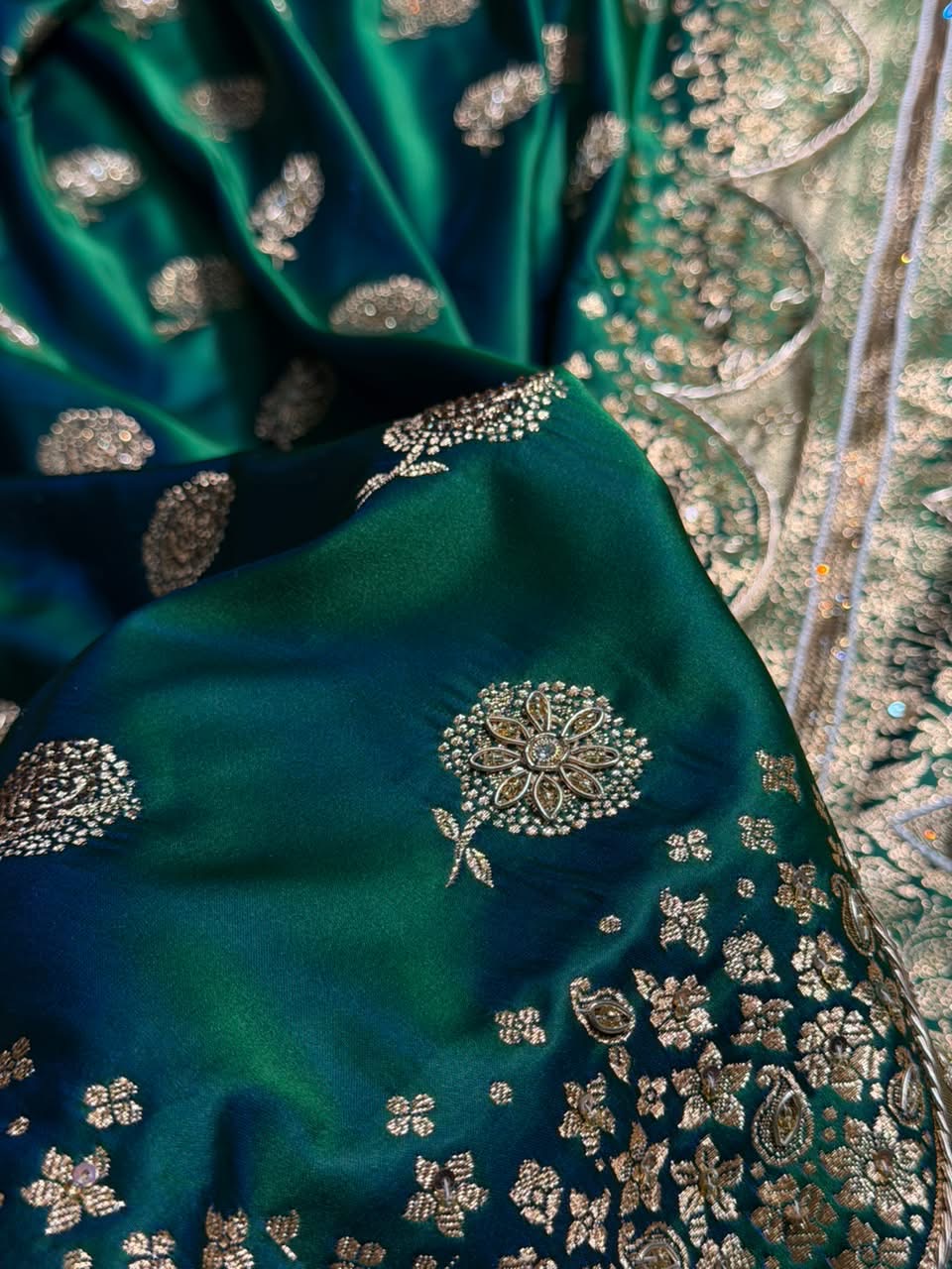Banarasi Satin Katan Saree With Ari & Zardozi Work Boota in Bottle Green Shades BSK111