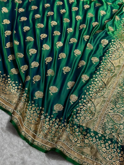 Banarasi Satin Katan Saree With Ari & Zardozi Work Boota in Bottle Green Shades BSK111