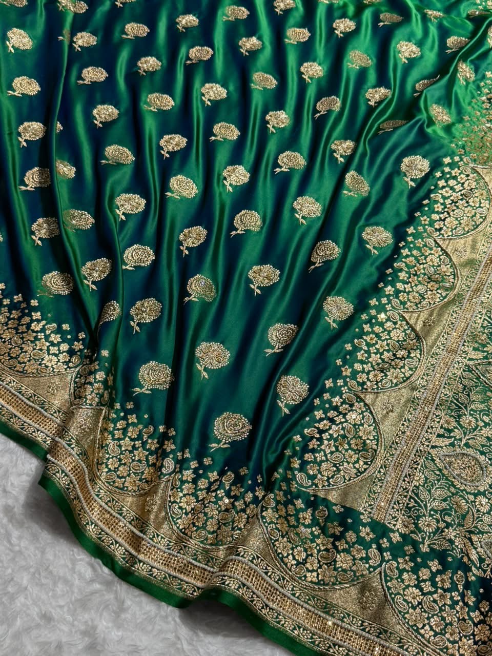 Banarasi Satin Katan Saree With Ari & Zardozi Work Boota in Bottle Green Shades BSK111