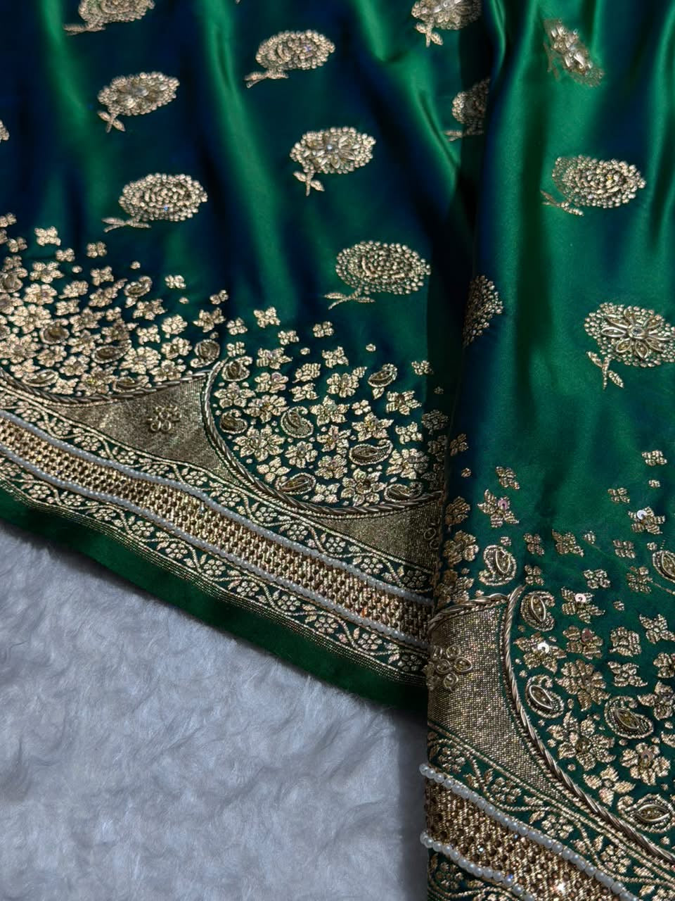 Banarasi Satin Katan Saree With Ari & Zardozi Work Boota in Bottle Green Shades BSK111