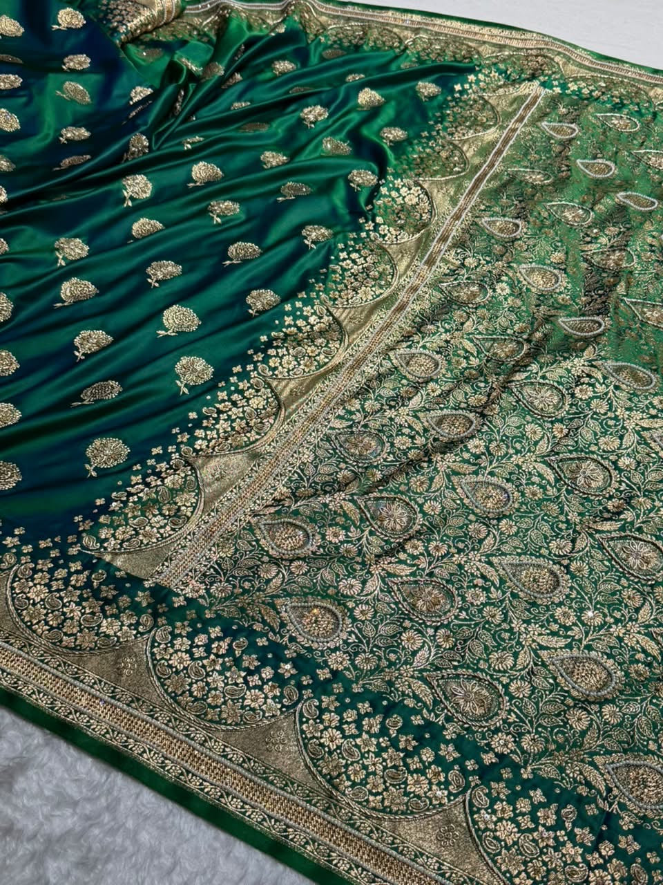 Banarasi Satin Katan Saree With Ari & Zardozi Work Boota in Bottle Green Shades BSK111