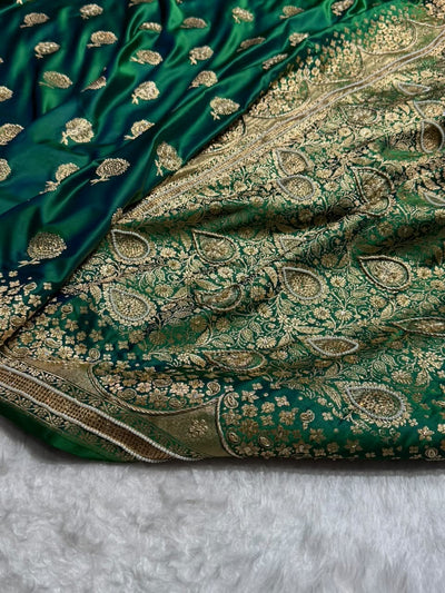 Banarasi Satin Katan Saree With Ari & Zardozi Work Boota in Bottle Green Shades BSK111