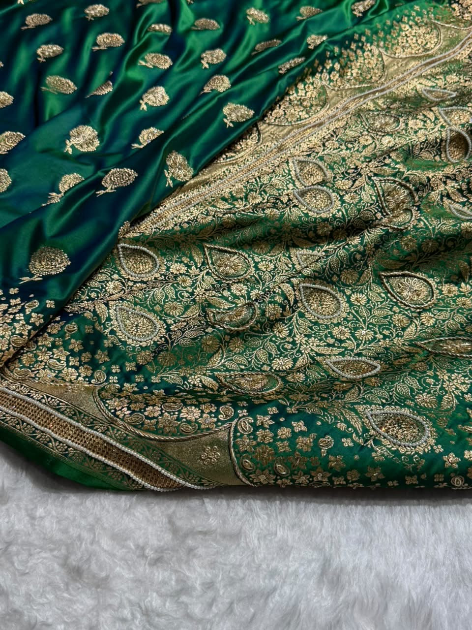 Banarasi Satin Katan Saree With Ari & Zardozi Work Boota in Bottle Green Shades BSK111