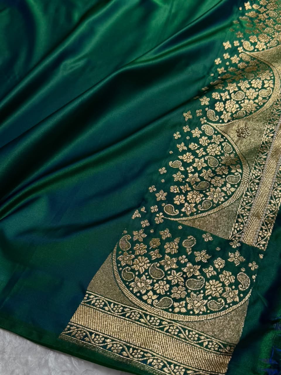 Banarasi Satin Katan Saree With Ari & Zardozi Work Boota in Bottle Green Shades BSK111