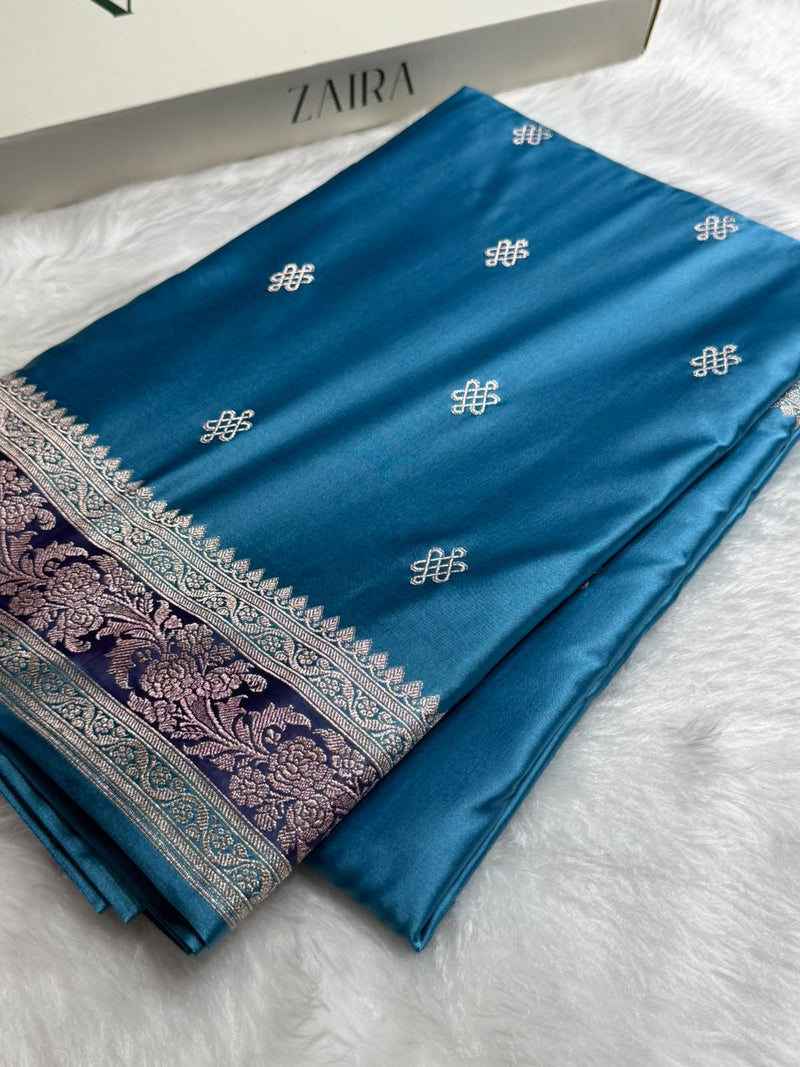 Banarasi Floral Booti Pattern in Dusty Blue Shades Floral Mashru Silk Saree MCS101