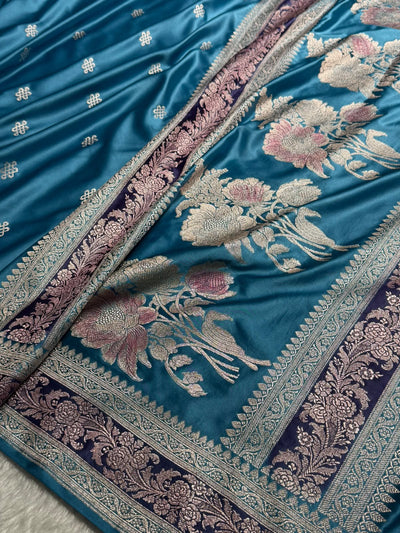 Banarasi Floral Booti Pattern in Dusty Blue Shades Floral Mashru Silk Saree MCS101
