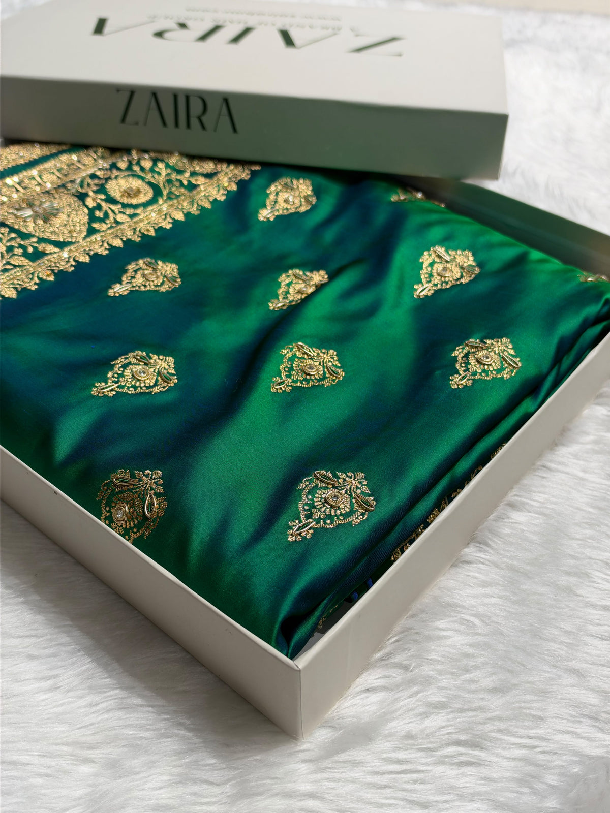 Banarasi Satin Katan Saree With Aari Zardozi Work Boota in Cross Green Shades BSK98