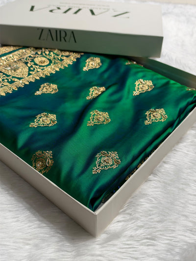 Banarasi Satin Katan Saree With Aari Zardozi Work Boota in Cross Green Shades BSK98