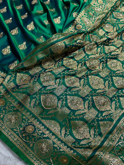 Banarasi Satin Katan Saree With Aari Zardozi Work Boota in Cross Green Shades BSK98