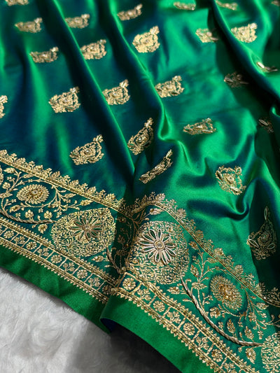 Banarasi Satin Katan Saree With Aari Zardozi Work Boota in Cross Green Shades BSK98