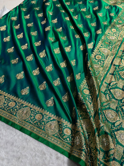 Banarasi Satin Katan Saree With Aari Zardozi Work Boota in Cross Green Shades BSK98