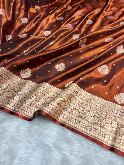Banarasi Cross Rust Shades Booti Pattern Banarasi Satin Silk Saree SS59