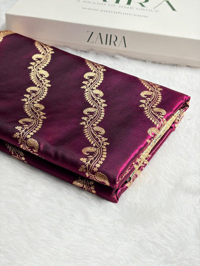Wine Contrast Shades Cross Pattern Banarasi Satin Silk Saree SS39